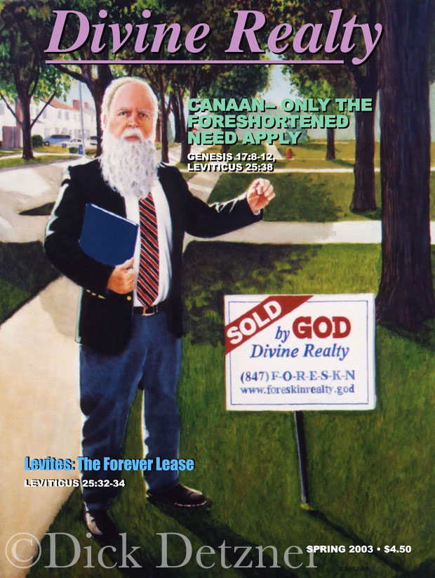 elderly man with long beard holding up a male foreskin in front of a realty sign