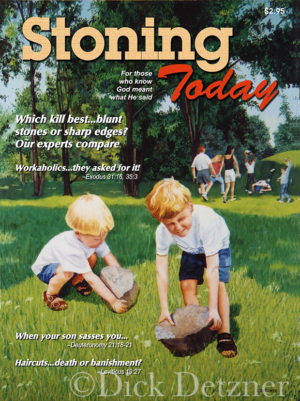 two young boys straining to pick up heavy rocks while in the background someone is getting stoned to death