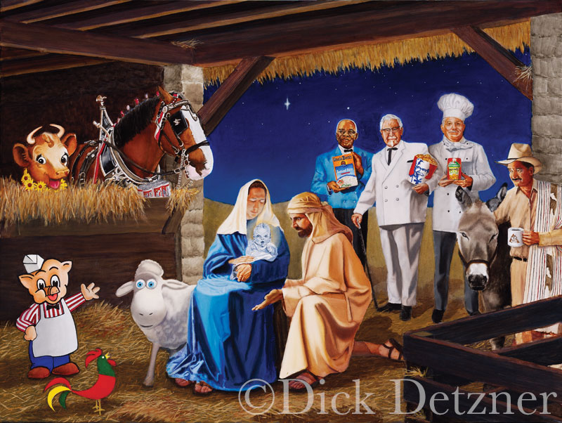 nativity scene with commercial icons in place of religious figures