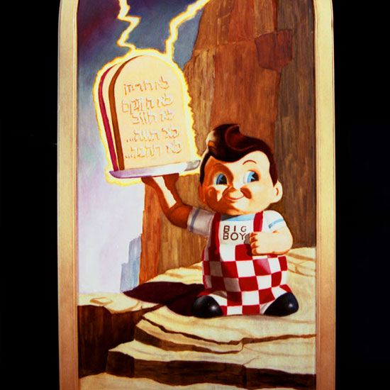 Big Boy holding stone tablets being struck by lightning