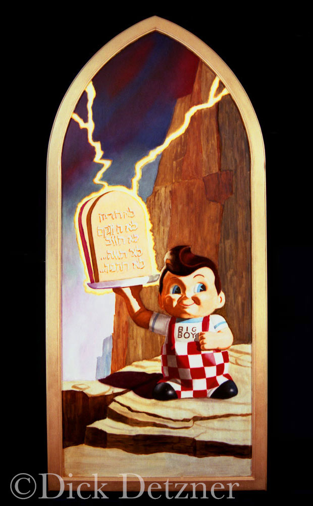 Big Boy holding stone tablets getting struck by lightning