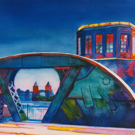 edifice at base of bridge over Chicago River