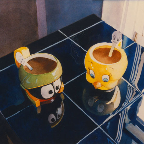2 figural coffee mugs, Marvin the Martian and Tweety Bird, on a blue counter