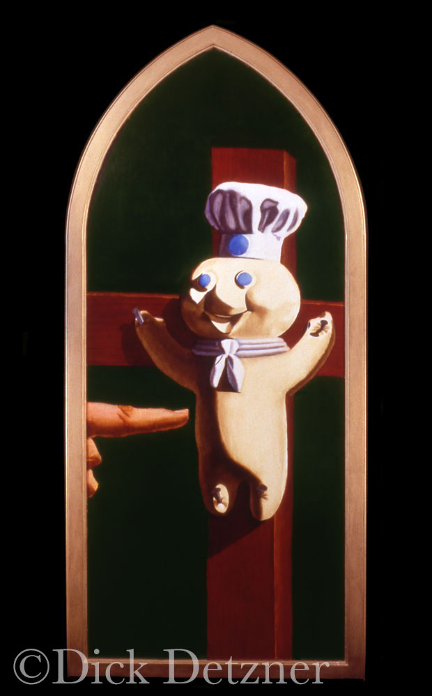 Pillsbury dough Boy on a crucifix being poked ion the belly by a giant finger