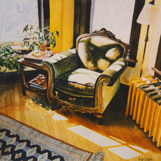 green easy chair in strong sunlight