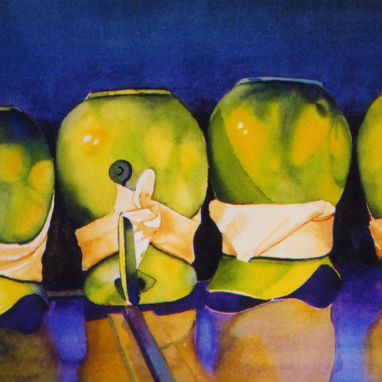 4 upside-down aluminum water pitchers