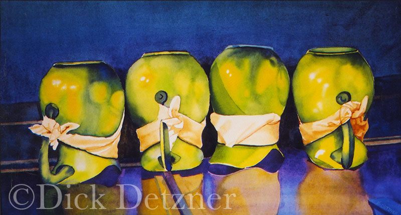 4 upside-down aluminum water pitchers