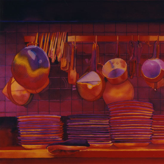 pots and pans hanging on a wall with strong red glow