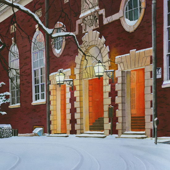 front entrance of Huff Hall, covered in snow