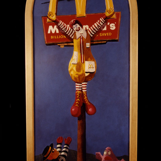Ronald McDonald crucified on the golden arches, with Hamburgler and Grimace lamenting