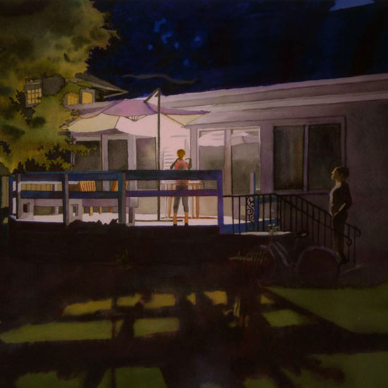 8-year-old child standing on a house's back porch, backlit at night