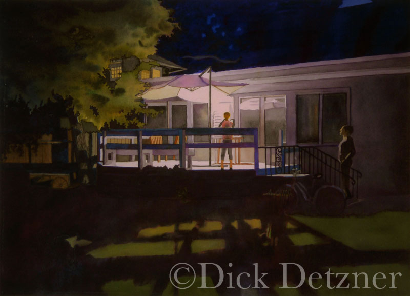 8-year-old child standing on a house's back porch, backlit at night