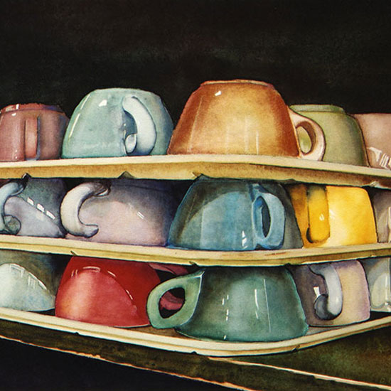 3 stacked trays of coffee cups