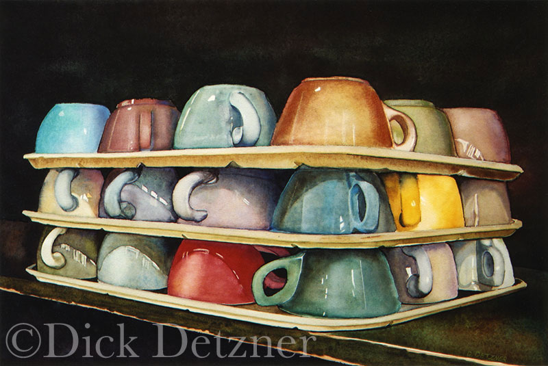 3 stacked trays of coffee cups