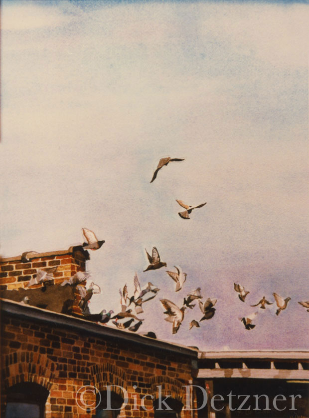 group of pigeons taking flight from a rooftop