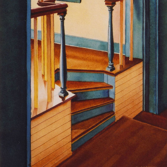 small stairs under a barrell-vaulted hallway