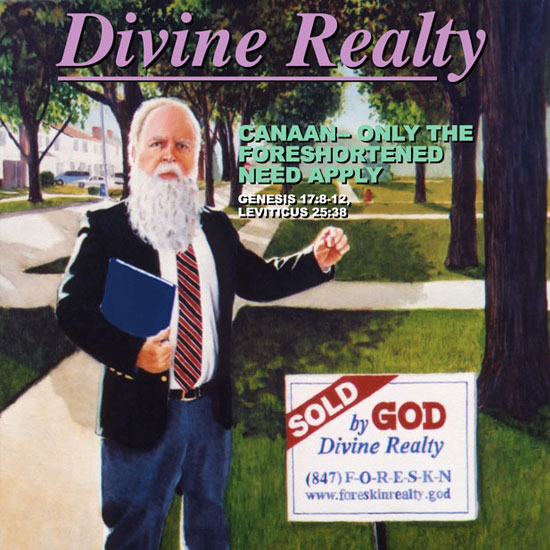 elderly man with long white beard holding up a male foreskin in front of a realty sign