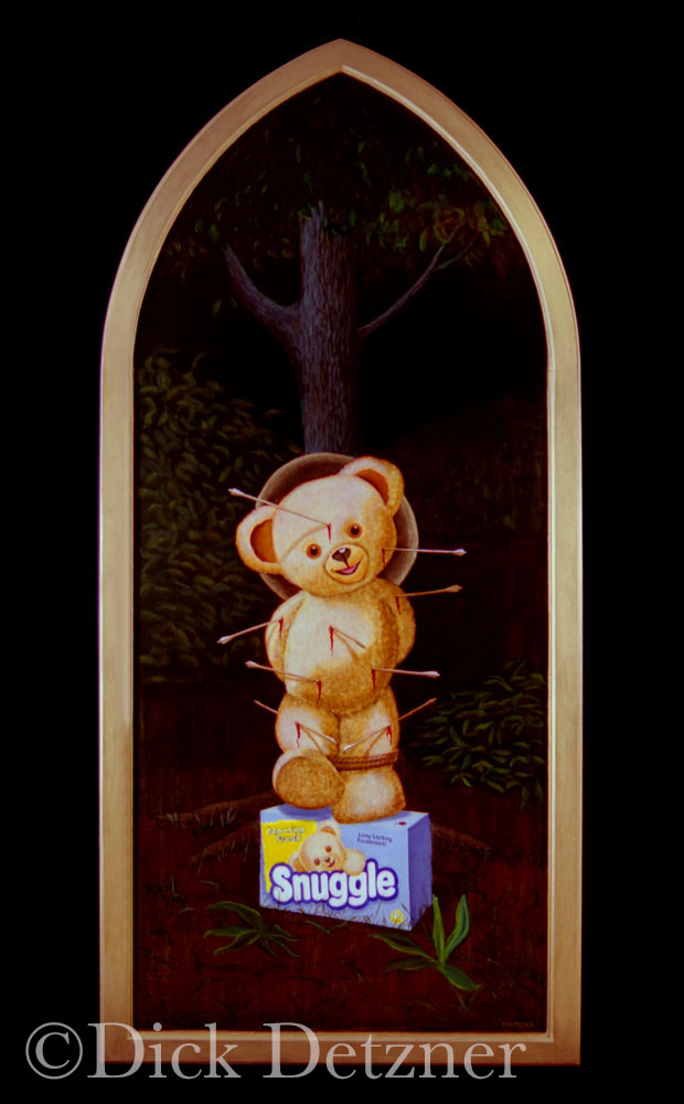 Snugglebear tied to a tree, stuck with arrows