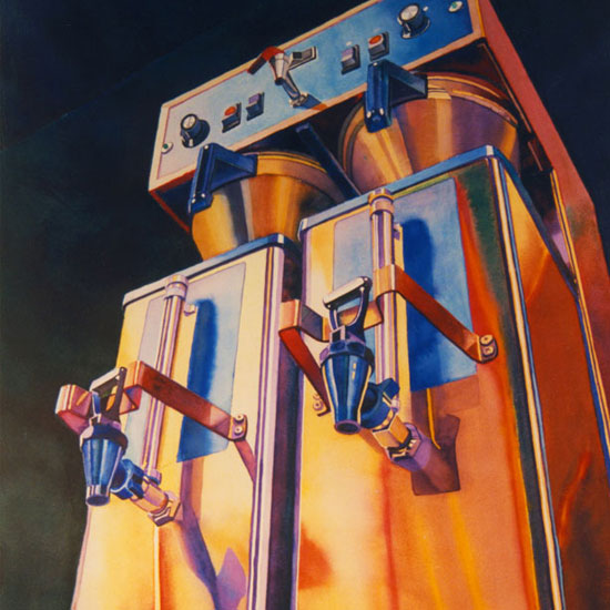 looking up at very large coffee dispensers