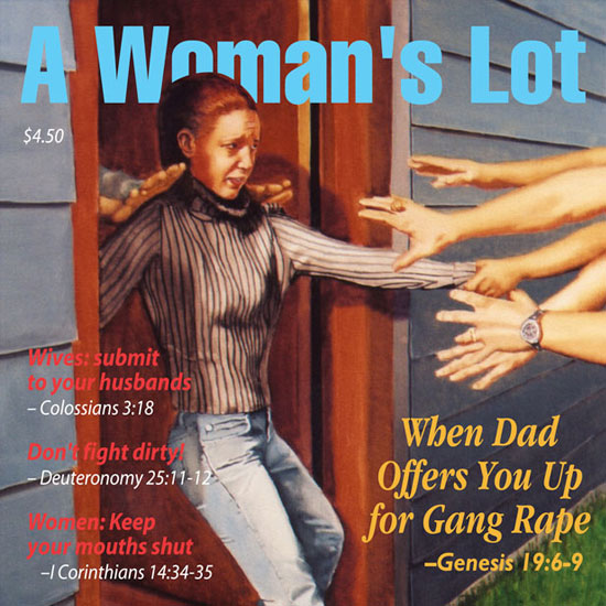 young girl being shoved out a doorway as many arms are reaching to pull her out